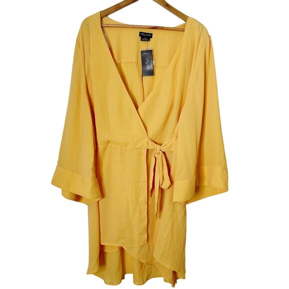 City Chic Top Womens Large Yellow V-Neck Casual Draped - Picture 2 of 7